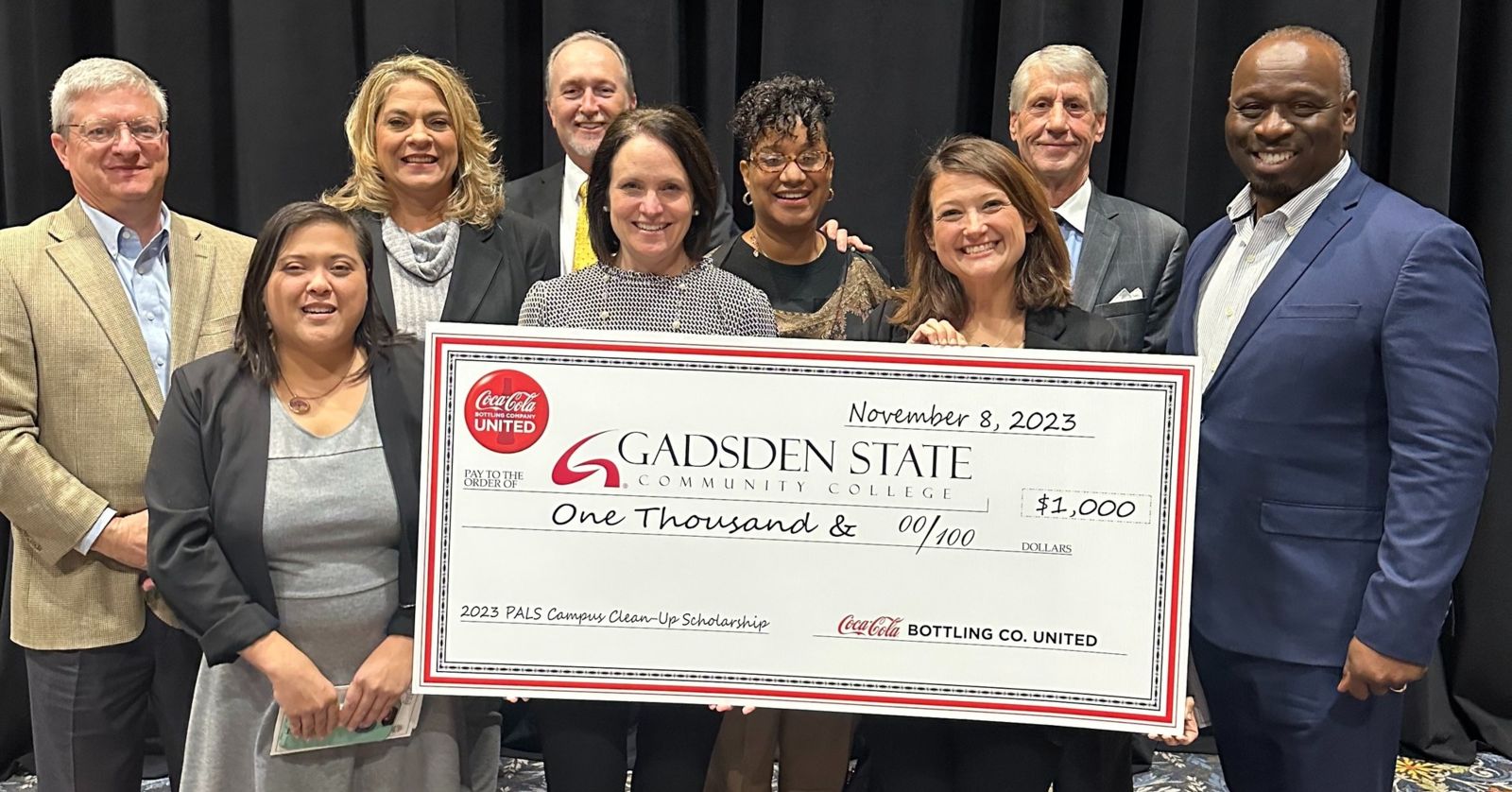 Pictured from left are Andy Britton, director of Public Affairs and Communications for Coca-Cola UNITED; Vanessa Cothran, a recent graduate who spearheaded the Don’t Drop It on Alabama project; Lynn Patterson, director of Student Activities; David Patterson, vice chancellor of Adult Education, Special Projects and System Initiatives for the Alabama Community College System; Misti Morgan, administrative assistant in Student Services; Angela Tillis, an advisor in  Student Support Services at Gadsden State; Jennifer Buchanan, administrative assistant in Student Services; Spencer Ryan, executive vice president of Alabama PALS; and Ricky Tillis, director of Gadsden State’s Valley Street Campus.