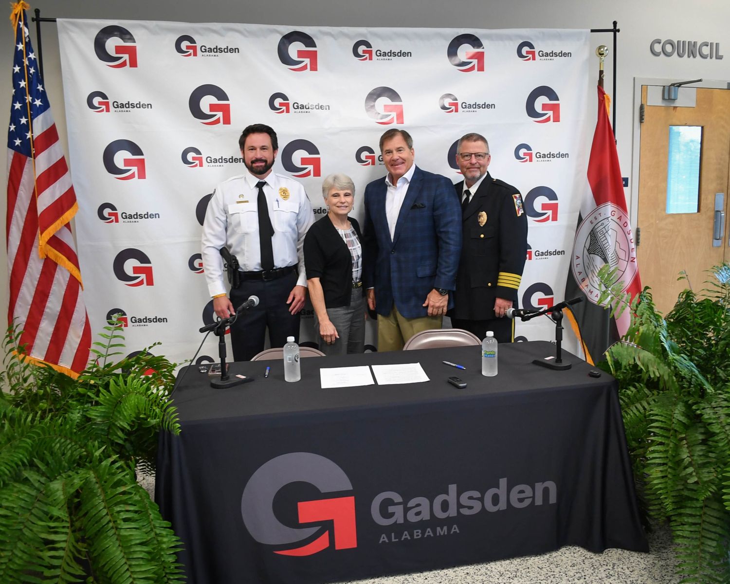 Left to right: Gadsden State police chief Jay Freeman, Gadsden State president Dr. Kathy Murphy, City of Gadsden mayor Craig Ford and Gadsden Police Department chief Lamar Jaggears after the signing of a Memorandum of Understanding between the police departments. 