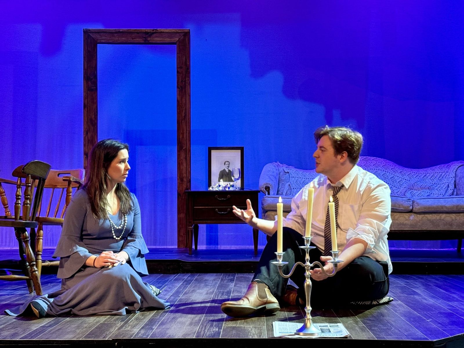 Kadin Gradner and Azya Elrod rehearse their roles as “Jim” and “Laura” in Gadsden State’s production of “The Glass Menagerie.”