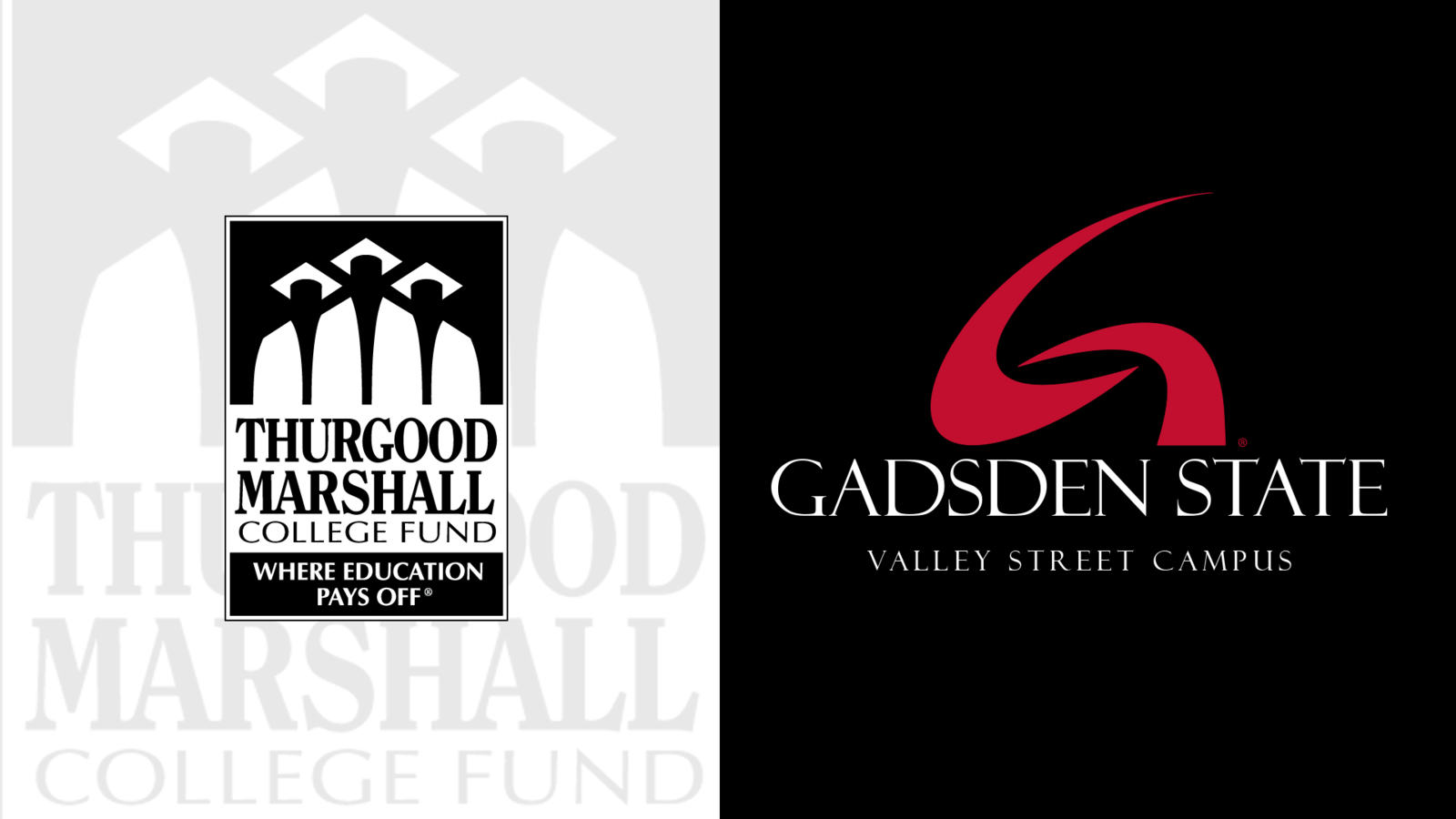 Logos for the Thurgood Marshall College Fund and Gadsden State 